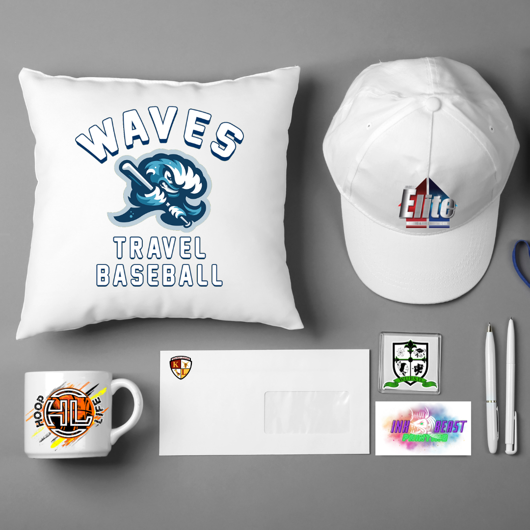 Promotional products with assorted logos, including a pillow, hat, mug, pen, business card, and sticker